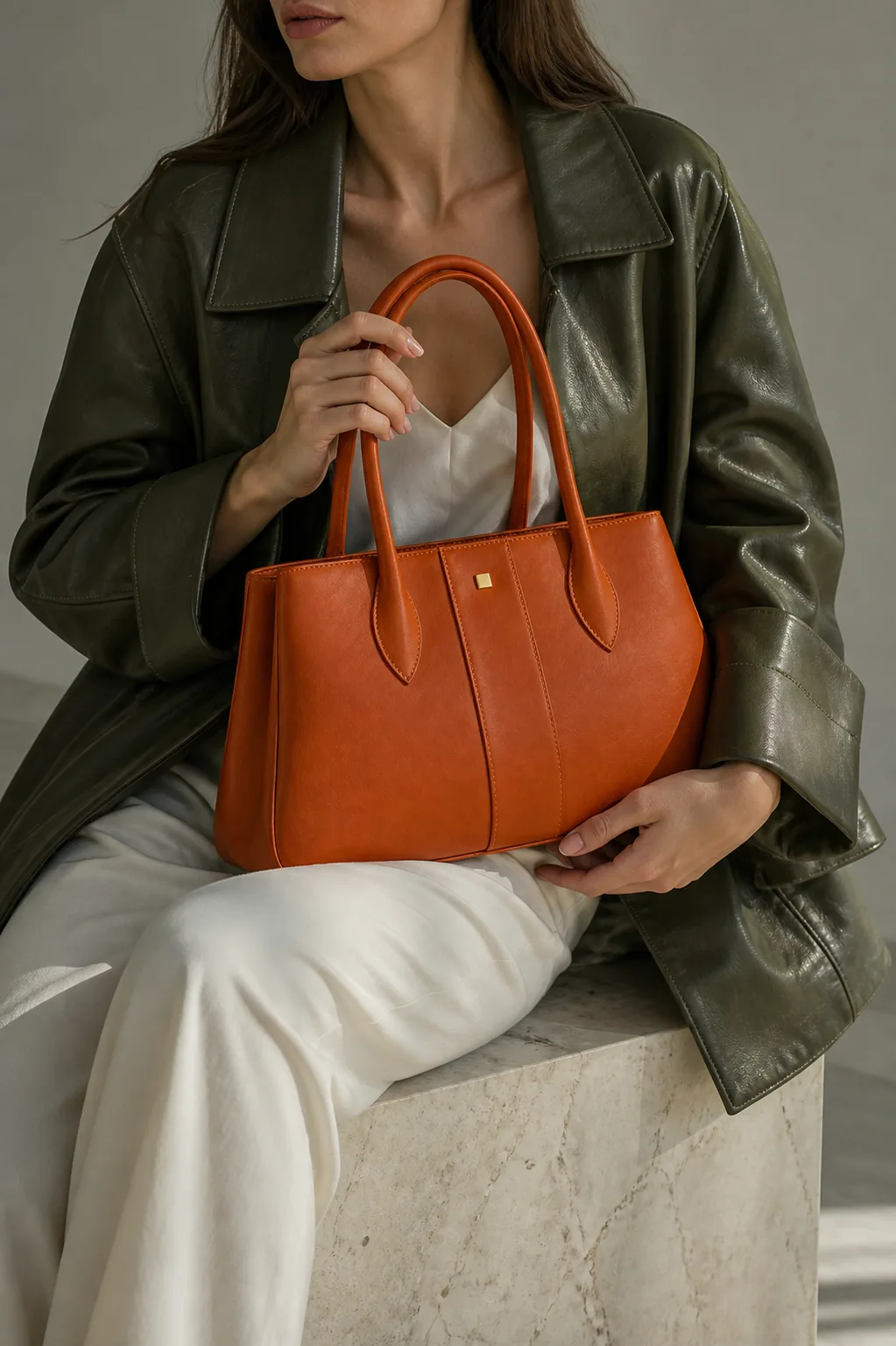 Borne tote carried with olive leather tailoring