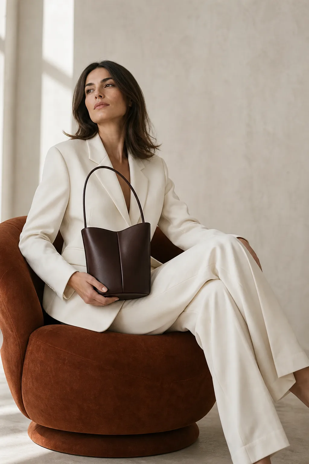 Woman in ivory tailoring holding the mahogany Serre bucket bag