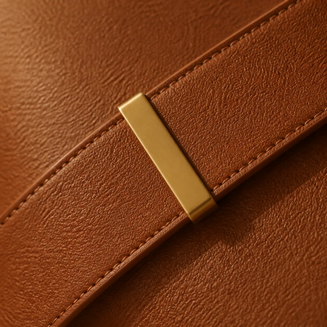 Macro view of cognac calf leather grain and hand stitching
